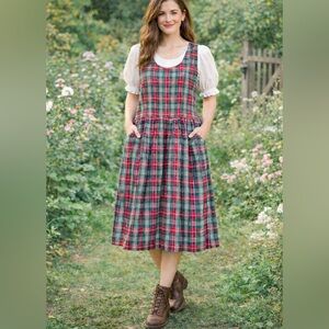 Susan Bristol Red and Green Plaid Midi Pinafore Dress